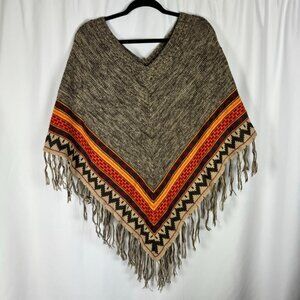 NY Collection Southwestern Poncho Fringe Boho Aztec Fall Autumn Pumpkin Pick S/M